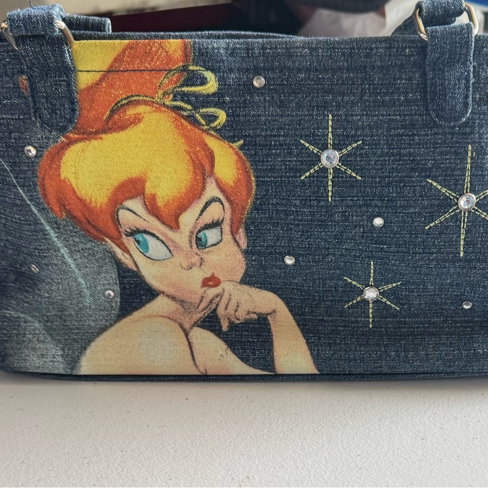 Disney Denim Shoulder Bag with Tinker Bell Print and Rhinestones